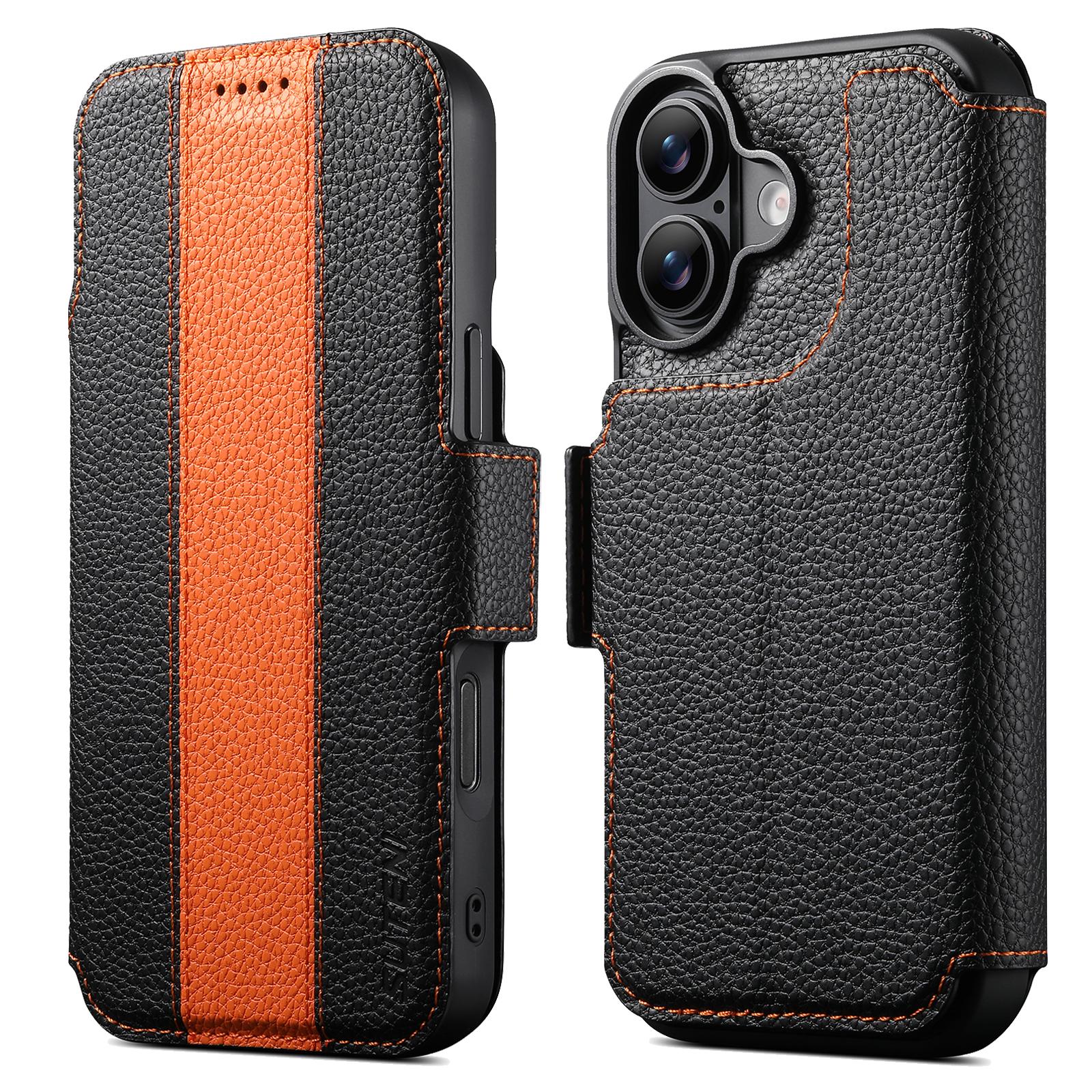 Compatible with iPhone 18 Suteni Q08 2-in-1 Multi-function Magnetic Wallet Big Litchi Vegan Leather Phone Case - Orange