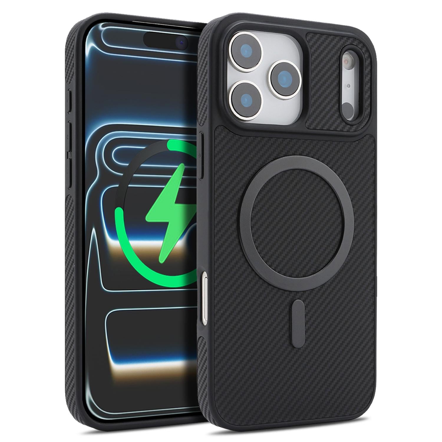 Compatible with iPhone 18 Pro Carbon Fiber MagSafe Phone Case - Black