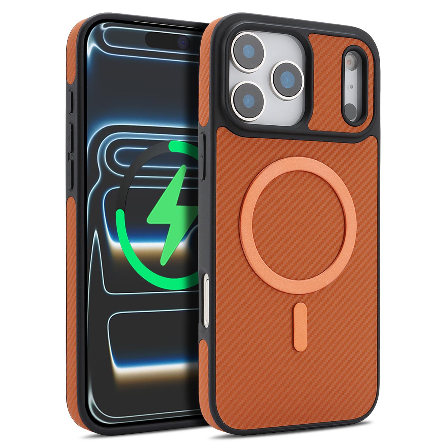 Compatible with iPhone 18 Pro Carbon Fiber MagSafe Phone Case - Brown