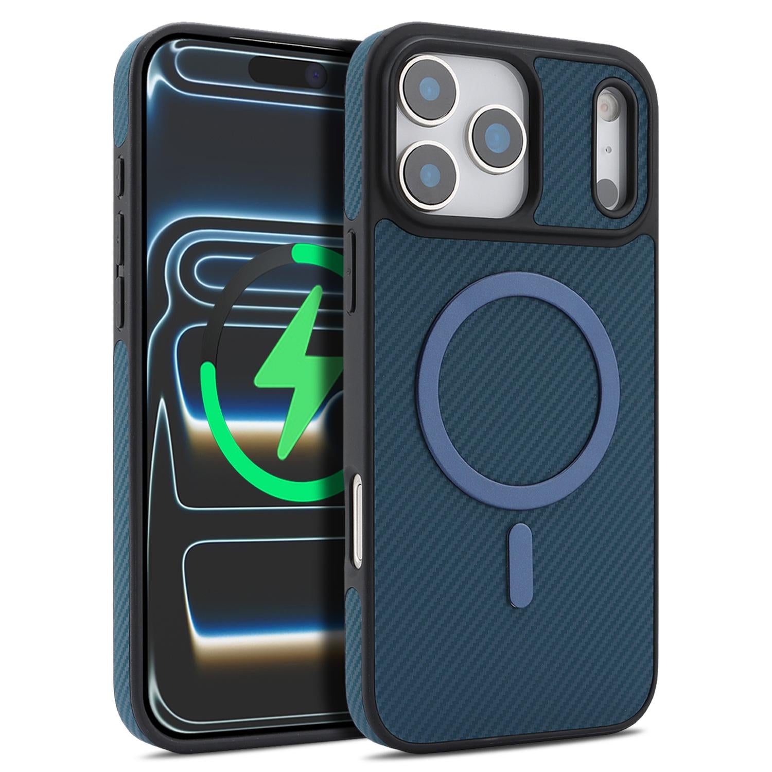 Compatible with iPhone 18 Pro Carbon Fiber MagSafe Phone Case - Blue