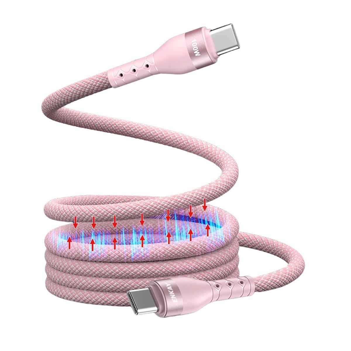 Uniqbuy For PD100W Type-C to Type-C Magnetic Self-Coiling Braided Charging Data Cable, Length:1m(Pink)