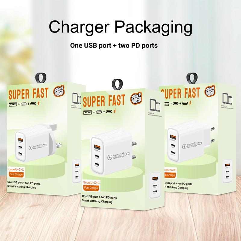 949-2C1A PD25W Type-C x 2, USB 3.0 Multi Compatible Protocol Charger, EU Plug(White)