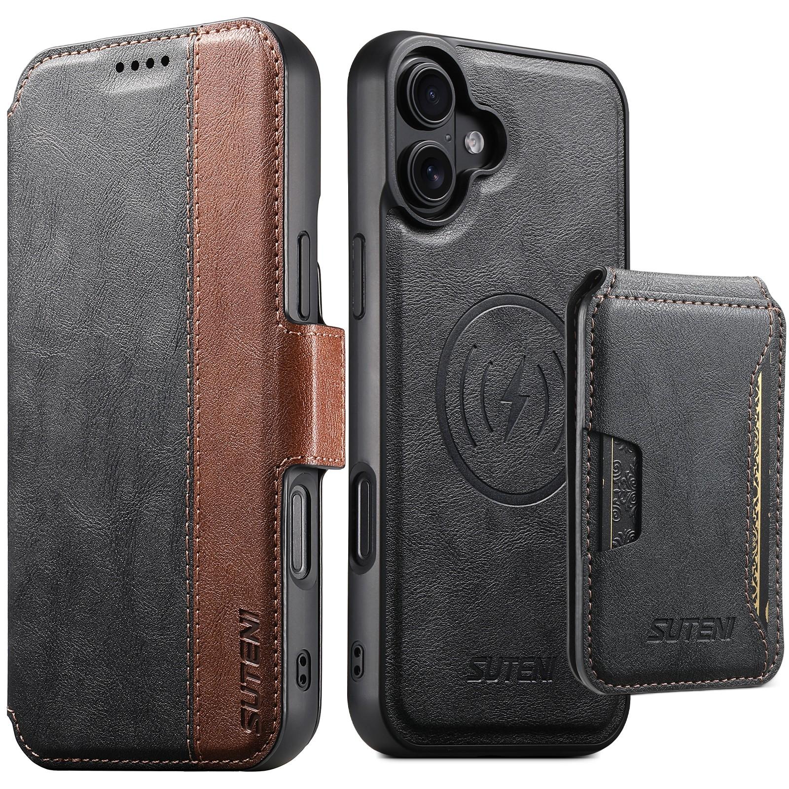 Compatible with iPhone 18 Suteni Q07S3 Left-Right Splicing Cowhide Pattern Flip Side Card Wallet Removable Magnetic Phone Case - Black