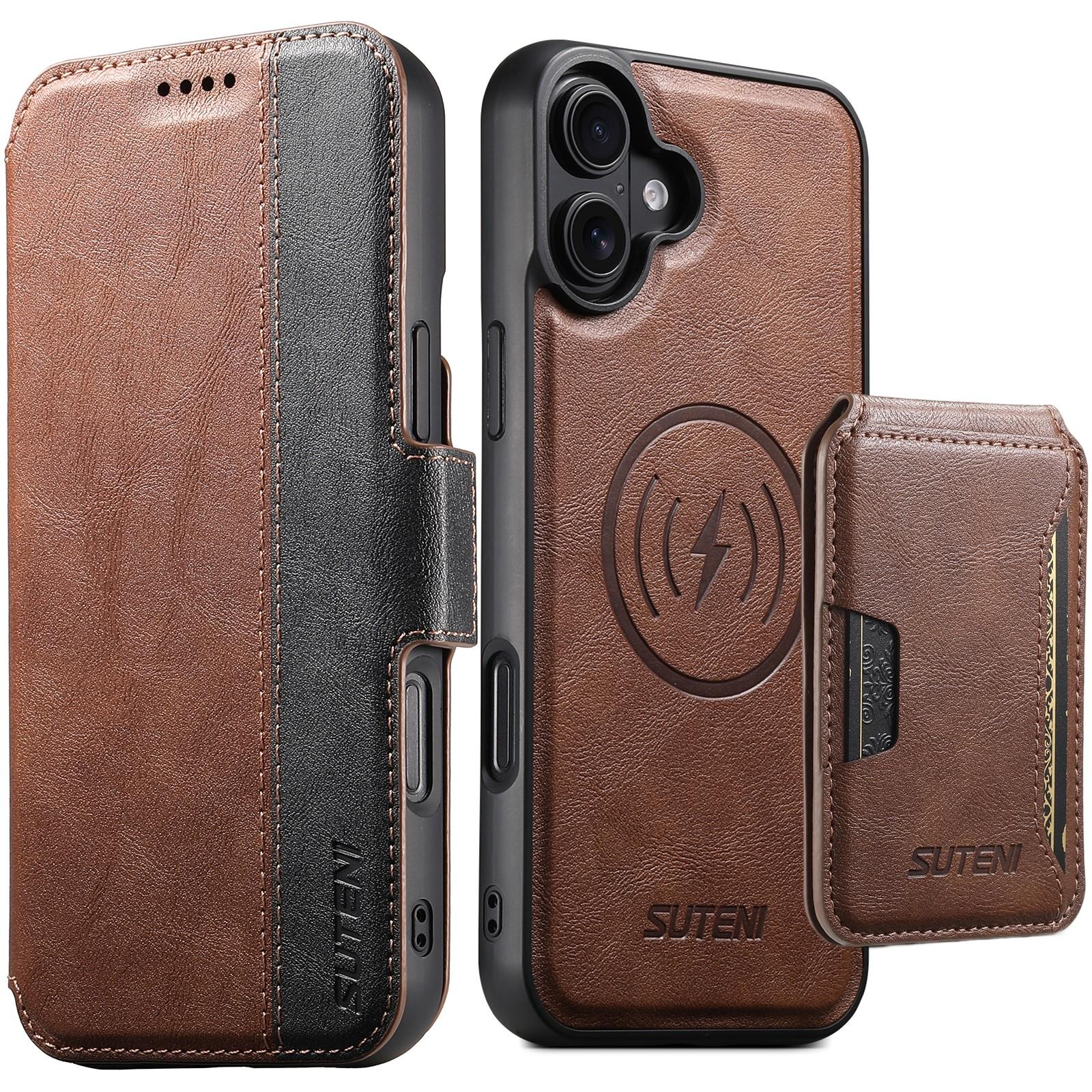 Compatible with iPhone 18 Suteni Q07S3 Left-Right Splicing Cowhide Pattern Flip Side Card Wallet Removable Magnetic Phone Case - Brown