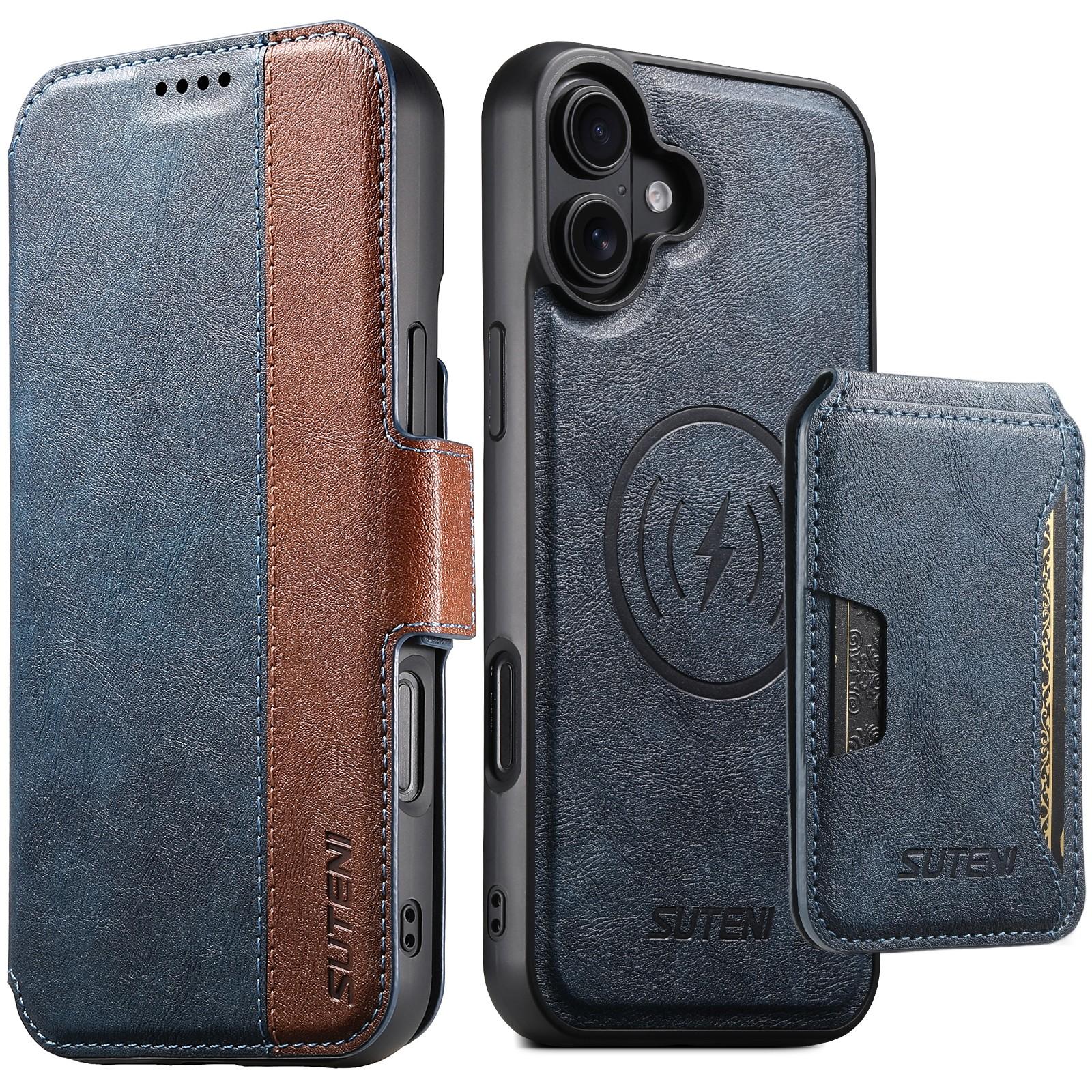 Compatible with iPhone 18 Suteni Q07S3 Left-Right Splicing Cowhide Pattern Flip Side Card Wallet Removable Magnetic Phone Case - Blue