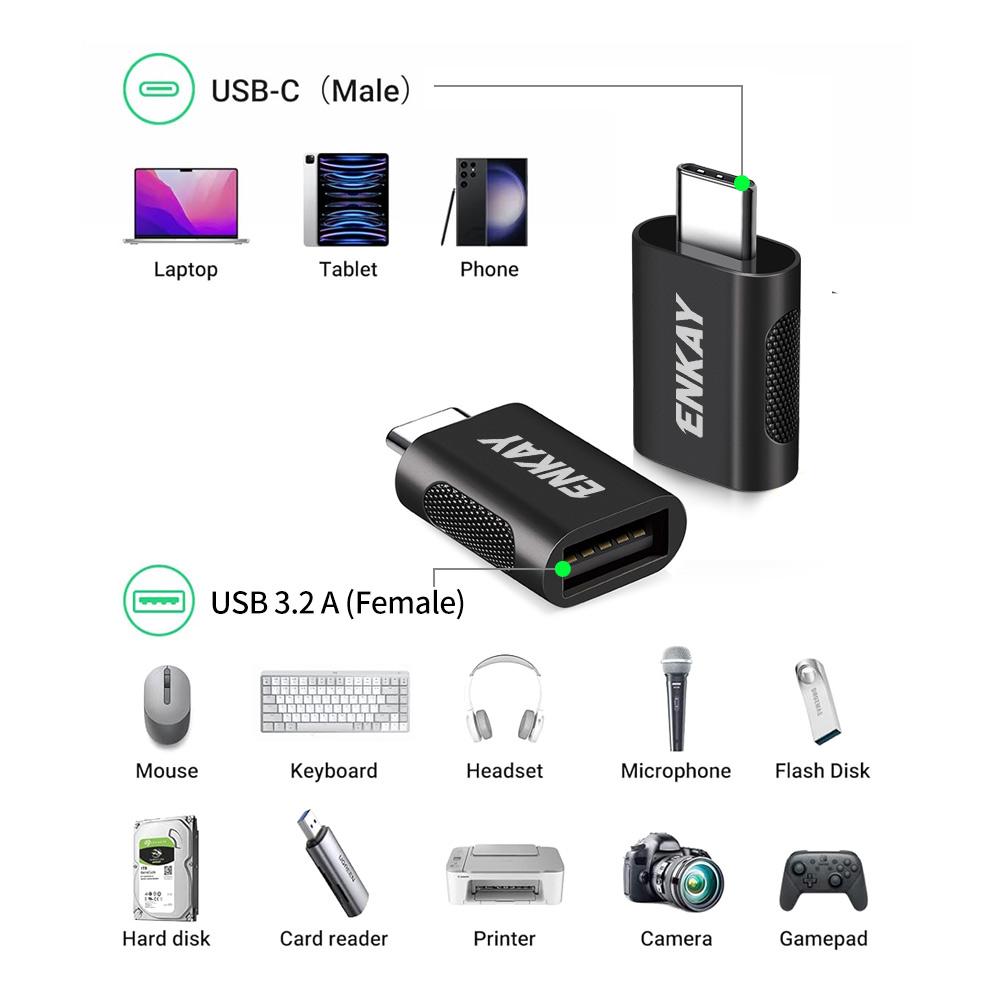 2 Pcs ENK-AT131 10Gbps Female USB 3.2 A to Male USB C Data Adapter Zinc Alloy Converter(Silver)