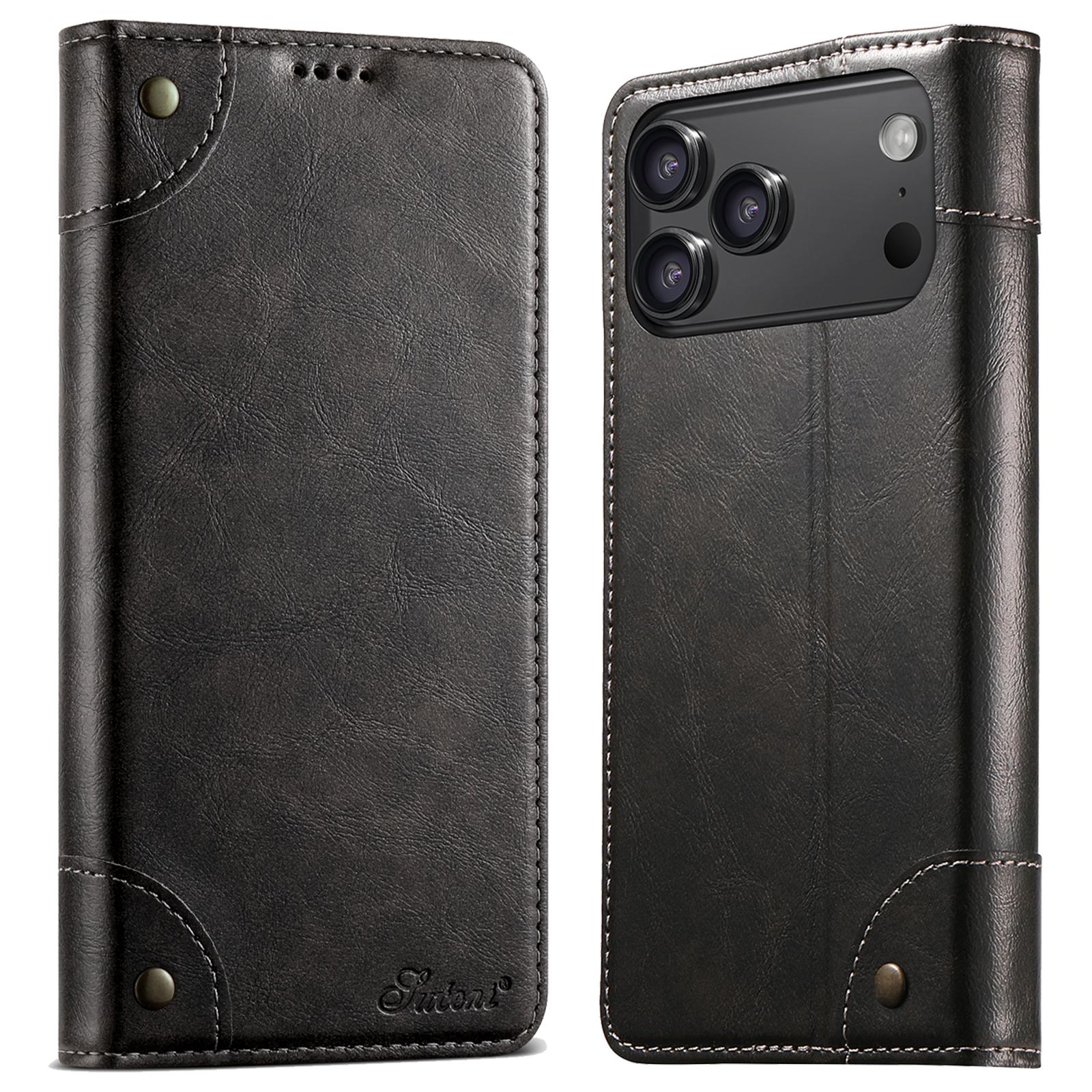 Compatible with iPhone 18 Pro Suteni Baroque Calf Texture Buckle Wallet Leather Phone Case - Black