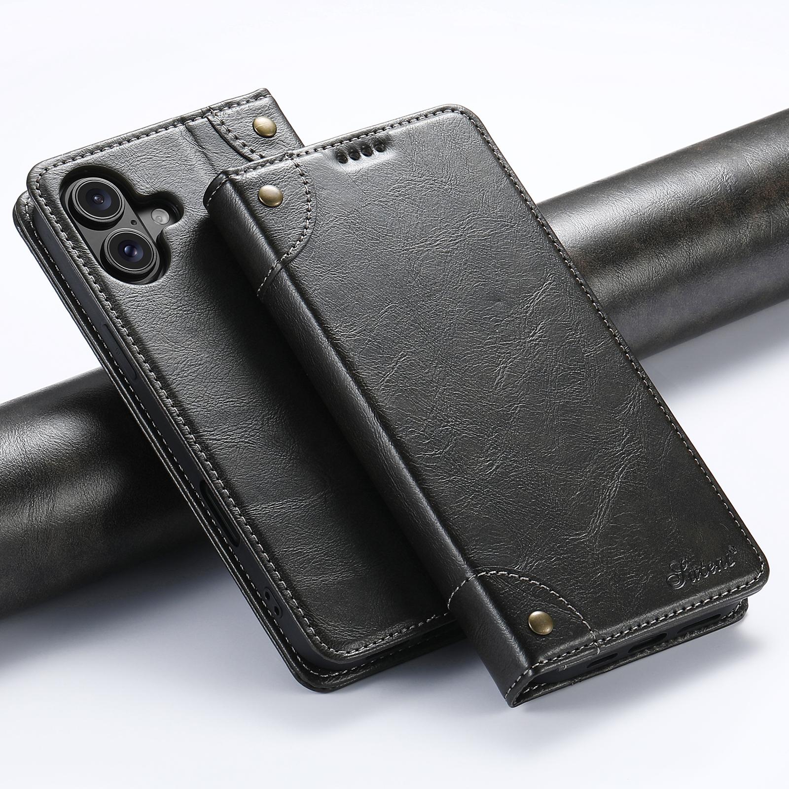 Compatible with iPhone 18 Suteni Baroque Calf Texture Buckle Wallet Leather Phone Case - Black