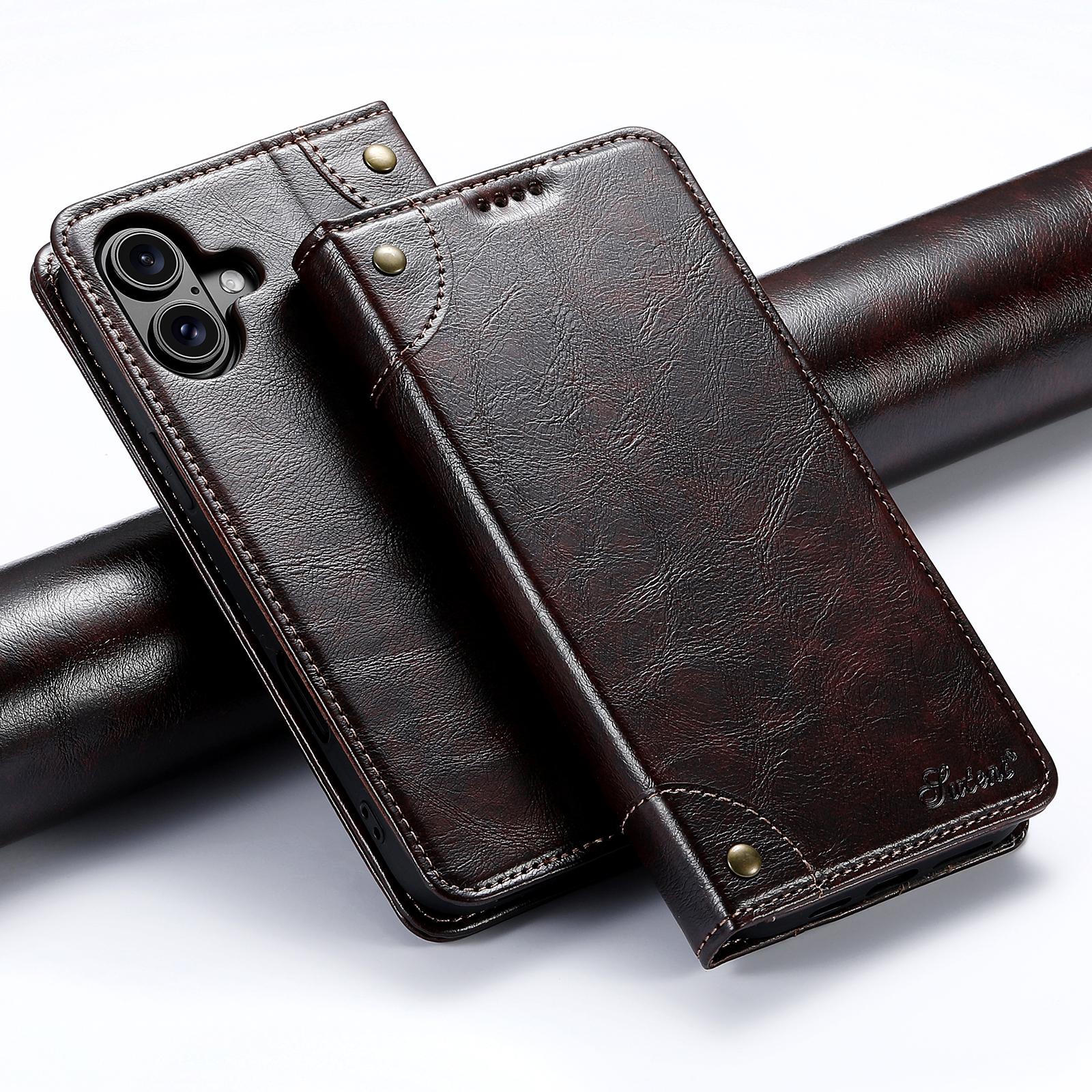 Compatible with iPhone 18 Suteni Baroque Calf Texture Buckle Wallet Leather Phone Case - Brown
