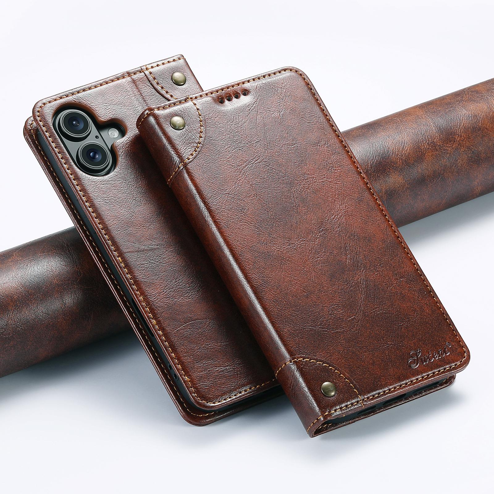 Compatible with iPhone 18 Suteni Baroque Calf Texture Buckle Wallet Leather Phone Case - Khaki