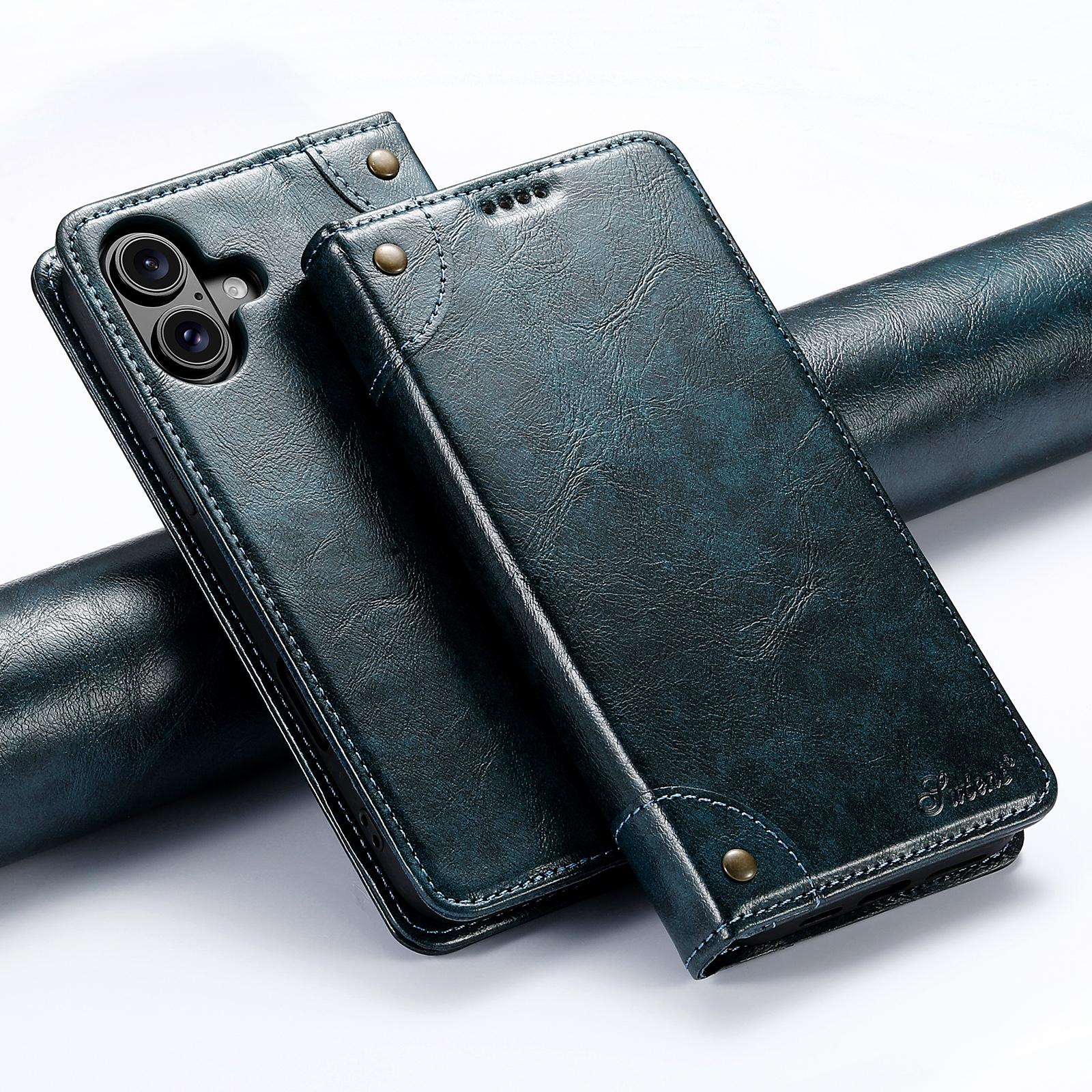 Compatible with iPhone 18 Suteni Baroque Calf Texture Buckle Wallet Leather Phone Case - Blue