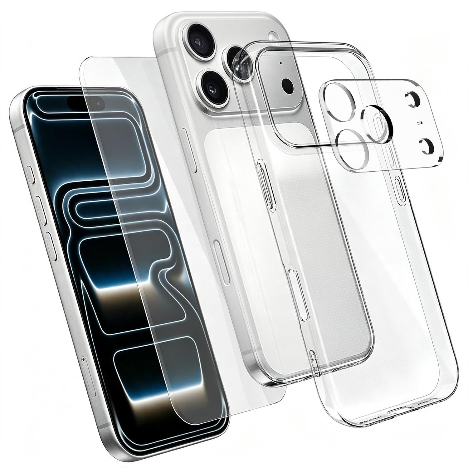 3 in 1 Set Clear TPU Phone Case with High Alumina Tempered Glass Film + Lens Protector Compatible with iPhone 18 Pro
