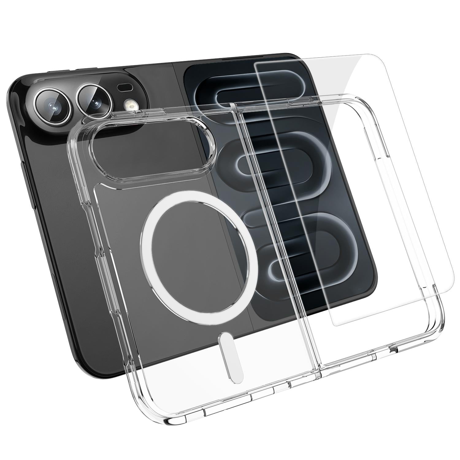 2 in 1 Set TPU + PC Clear Magnetic Phone Case with High Alumina Tempered Film Compatible with iPhone Duo