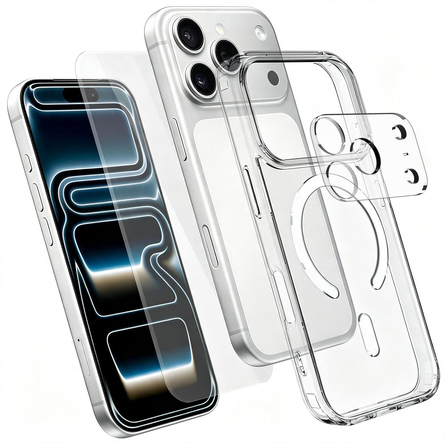 3 in 1 Set TPU + PC Clear Magnetic Phone Case with High Alumina Tempered Film + Lens Protector Compatible with iPhone 18 Pro