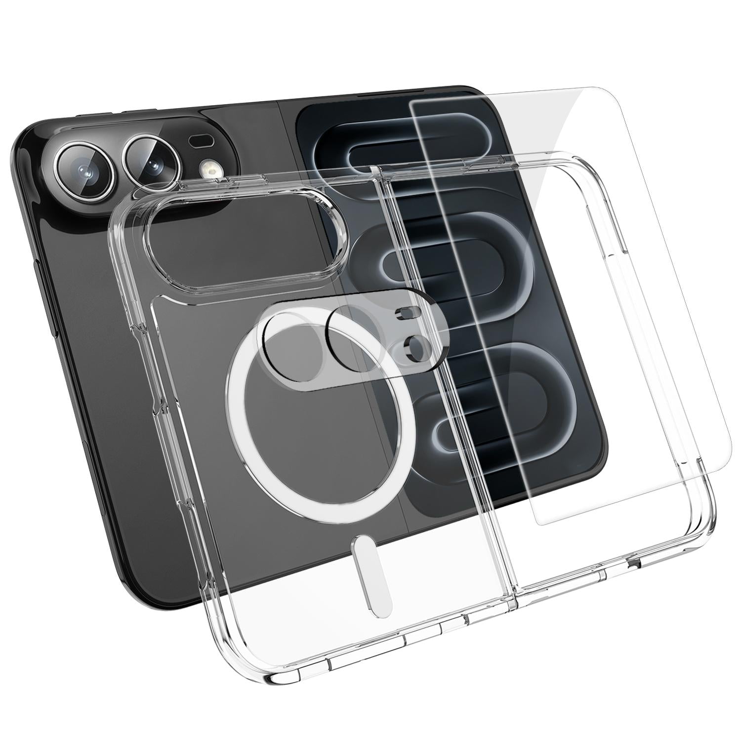 3 in 1 Set TPU + PC Clear Magnetic Phone Case with High Alumina Tempered Film + Lens Protector Compatible with iPhone Duo
