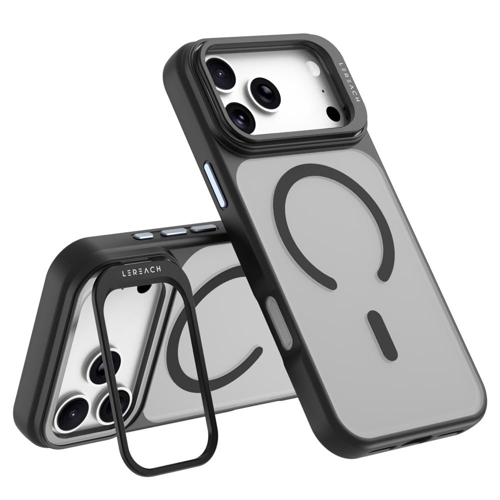Compatible with iPhone 18 Pro LeReach Le-Luster Series Metal Lens Kickstand Magnetic Phone Case - Black