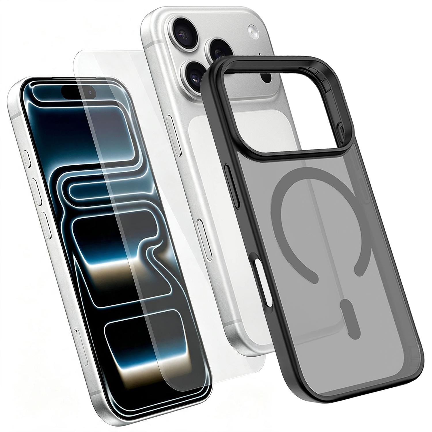 2 in 1 Set Magnetic Phone Case with Screen Tempered Film Compatible with iPhone 18 Pro - Black