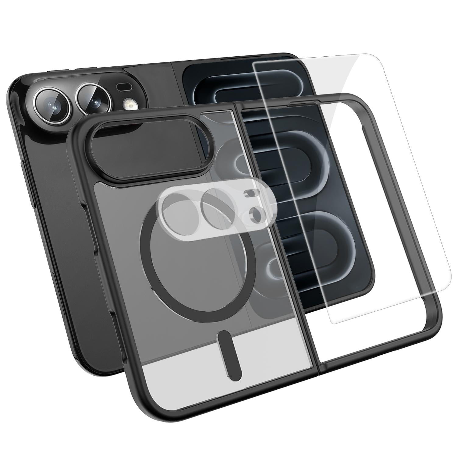 3 in 1 Set Magnetic Phone Case with Screen Film + Lens Protector Compatible with iPhone Duo - Black