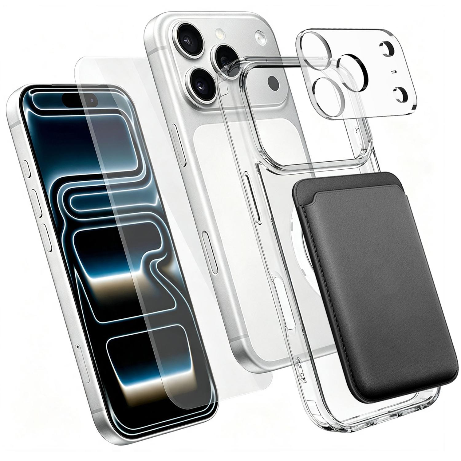 4 in 1 Set Clear Magnetic Phone Case with Screen Film + Lens Protector + Card Bag Compatible with iPhone 18 Pro - Transparent