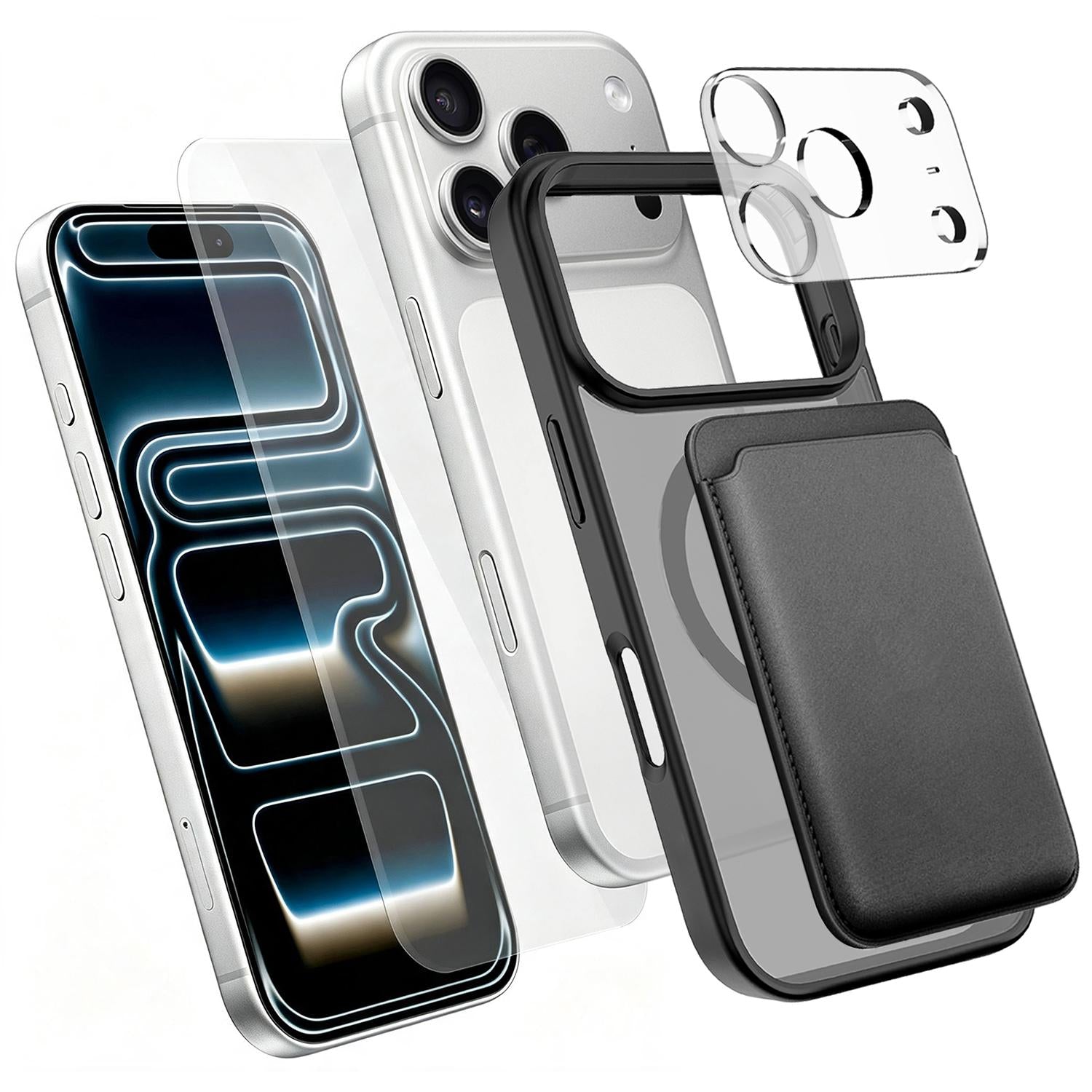 4 in 1 Set Magnetic Phone Case with Screen Film + Lens Protector + Card Bag Compatible with iPhone 18 Pro - Black