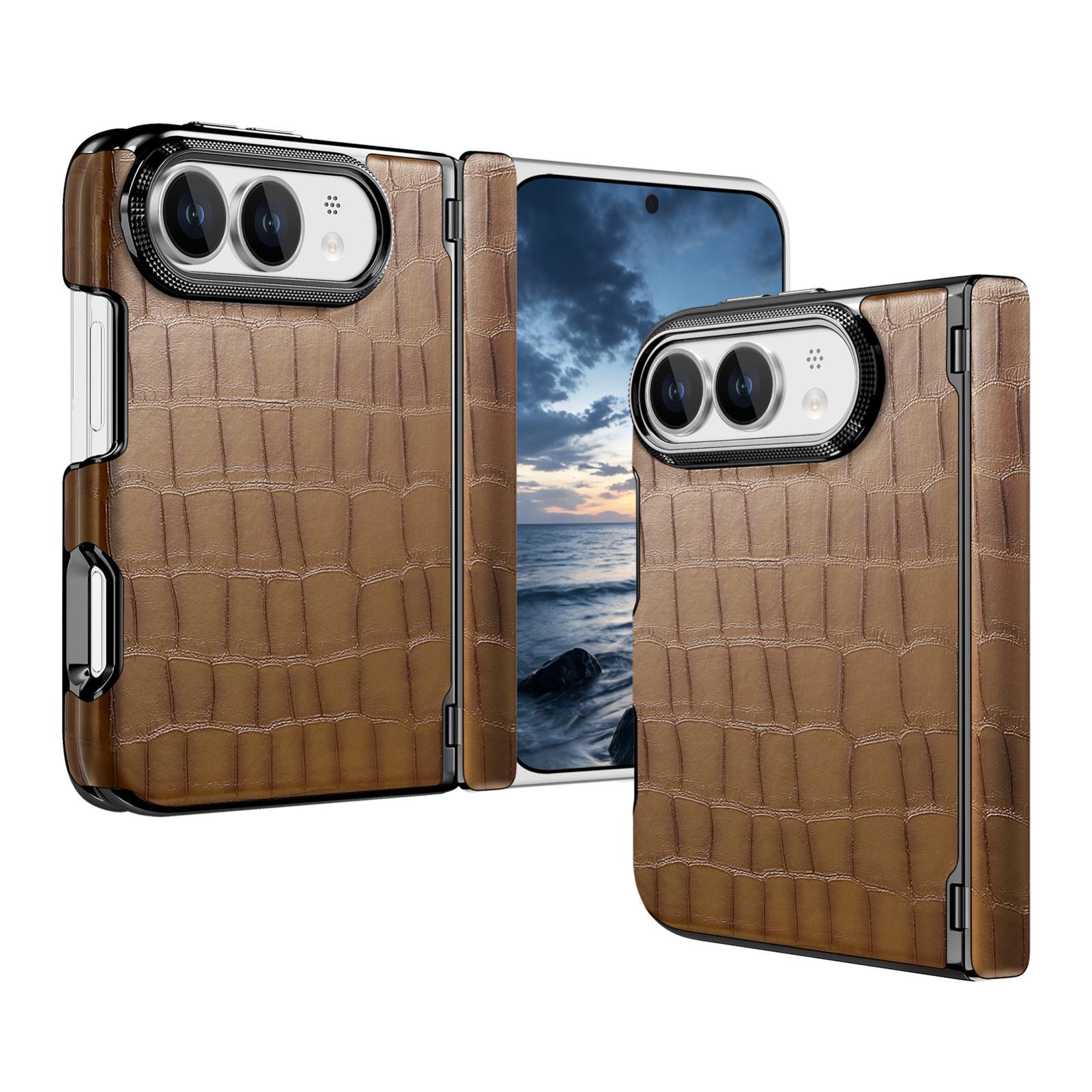 Compatible with iPhone Duo Crocodile Vegan Leather Dual-Hinge Phone case - Brown