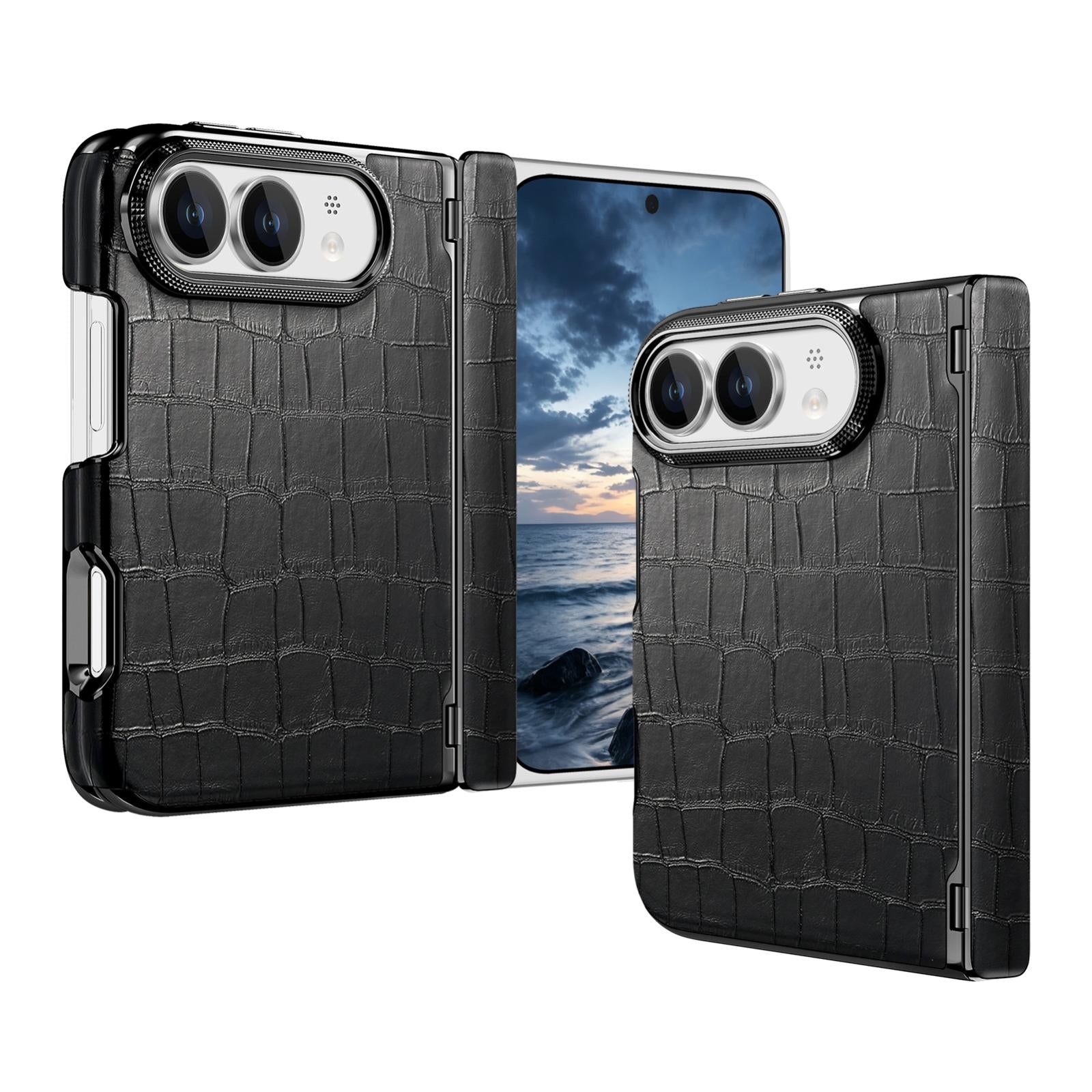 Compatible with iPhone Duo Crocodile Vegan Leather Dual-Hinge Phone case - Black