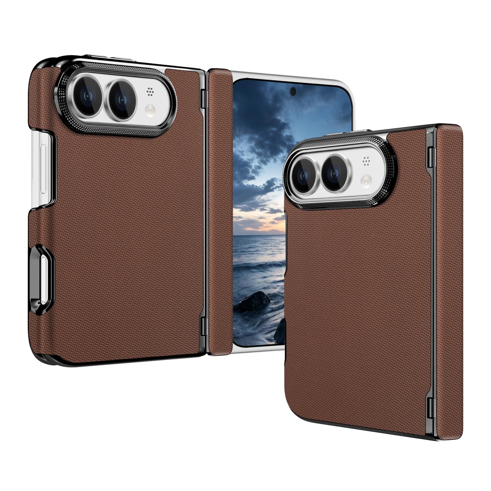 Compatible with iPhone Duo Fine-grained Vegan Leather Dual-Hinge Magnetic Phone Case - brown