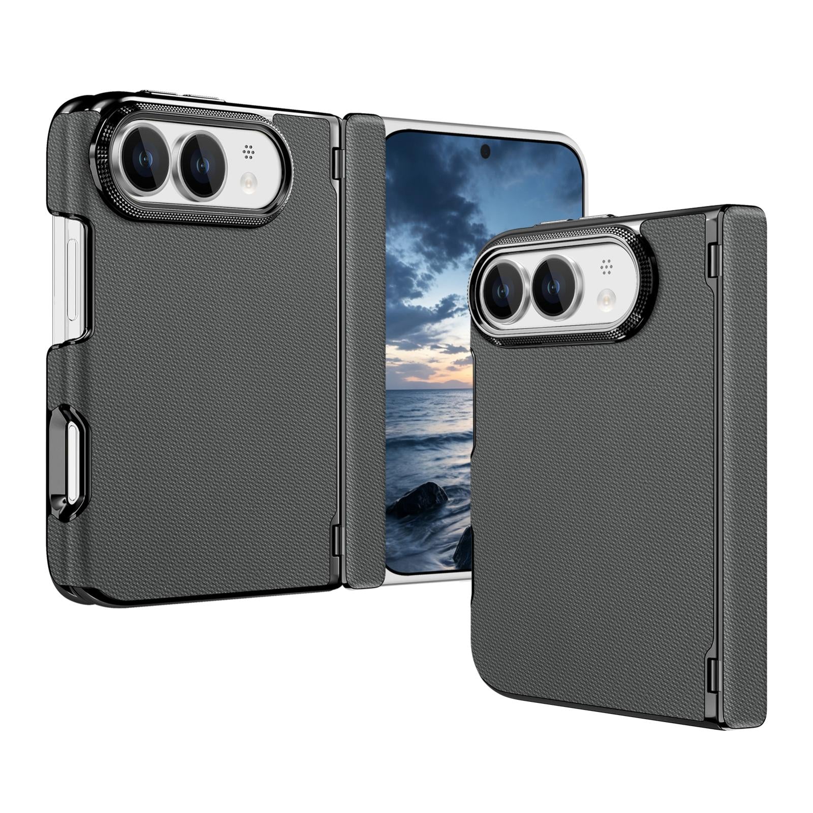 Compatible with iPhone Duo Fine-grained Vegan Leather Dual-Hinge Magnetic Phone Case - gray
