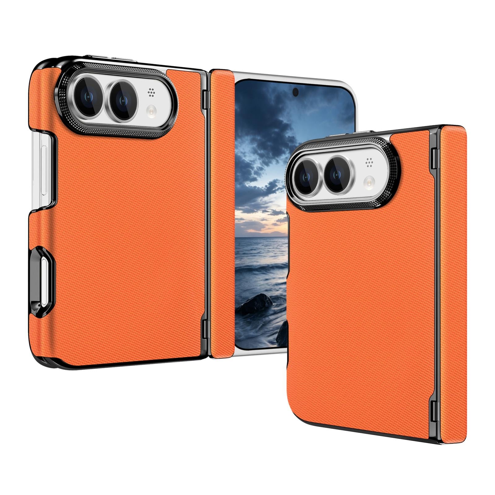 Compatible with iPhone Duo Fine-grained Vegan Leather Dual-Hinge Magnetic Phone Case - Orange