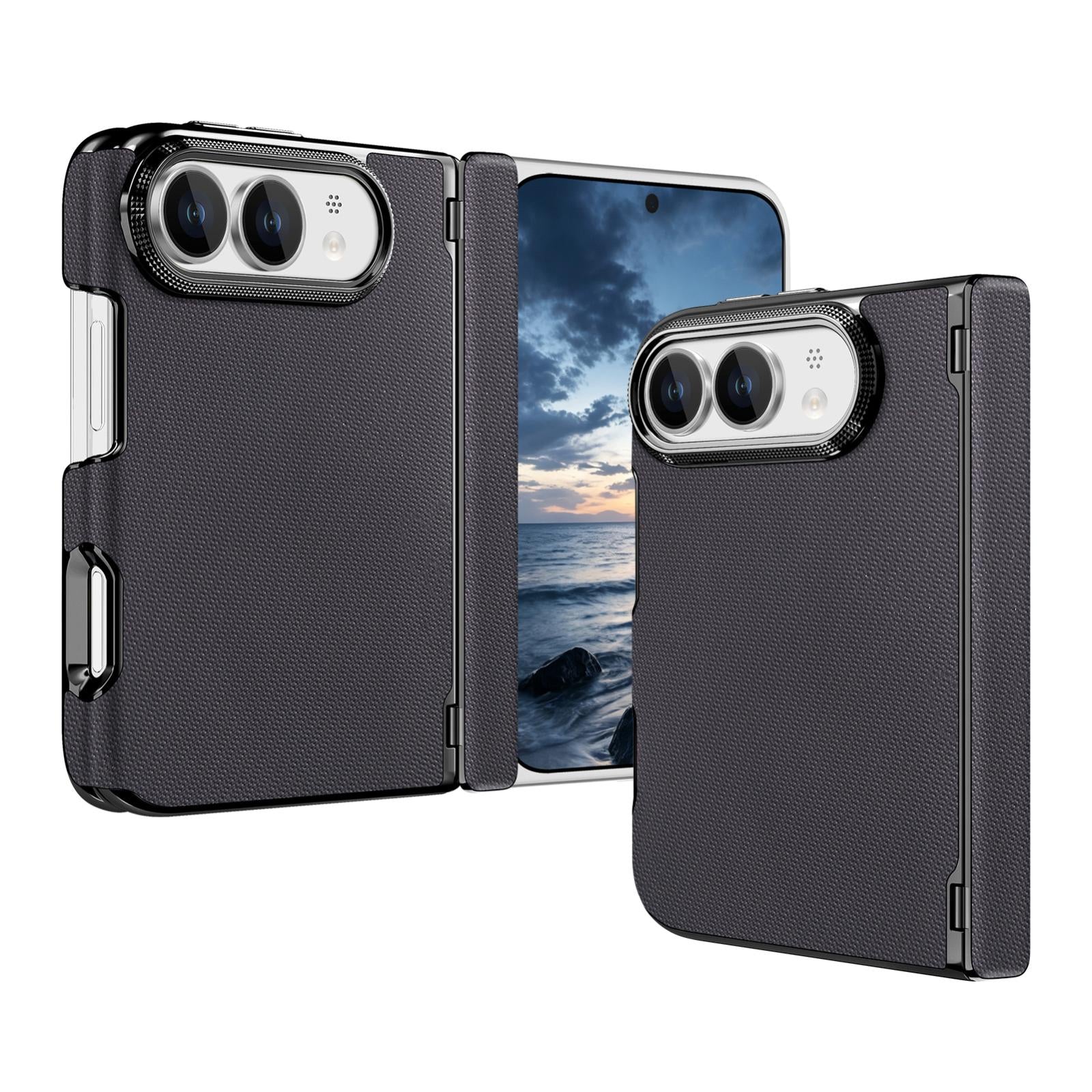 Compatible with iPhone Duo Fine-grained Vegan Leather Dual-Hinge Magnetic Phone Case - Space Gray