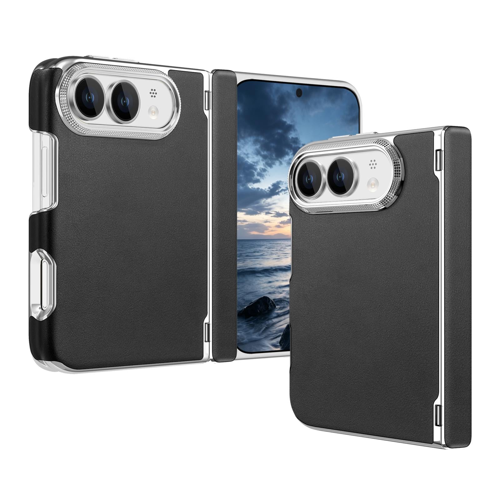 Compatible with iPhone Duo Retro Solid Color Leather-textured Dual-Hinge Magnetic Phone Case - Black