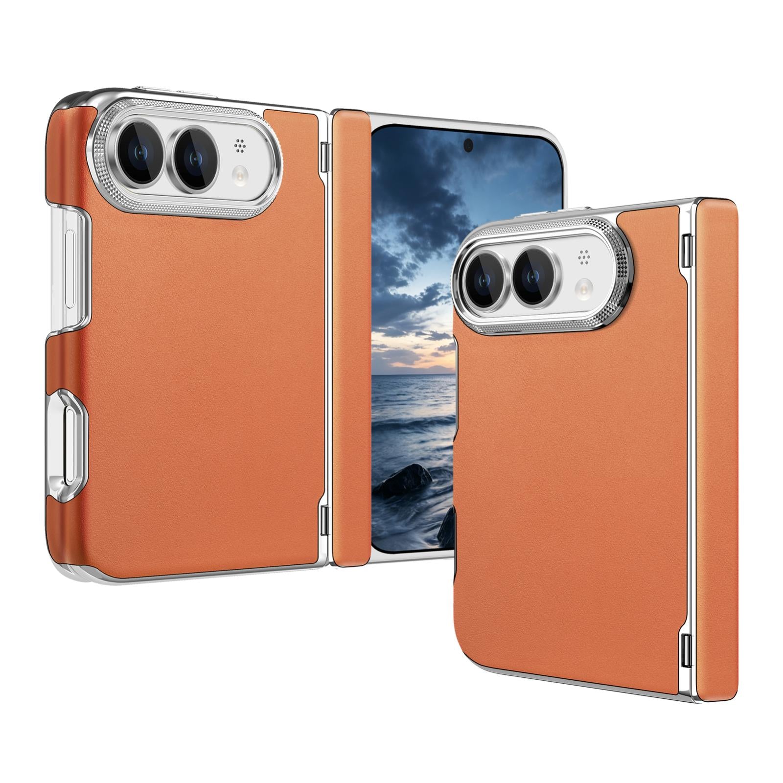Compatible with iPhone Duo Retro Solid Color Leather-textured Dual-Hinge Magnetic Phone Case - Orange