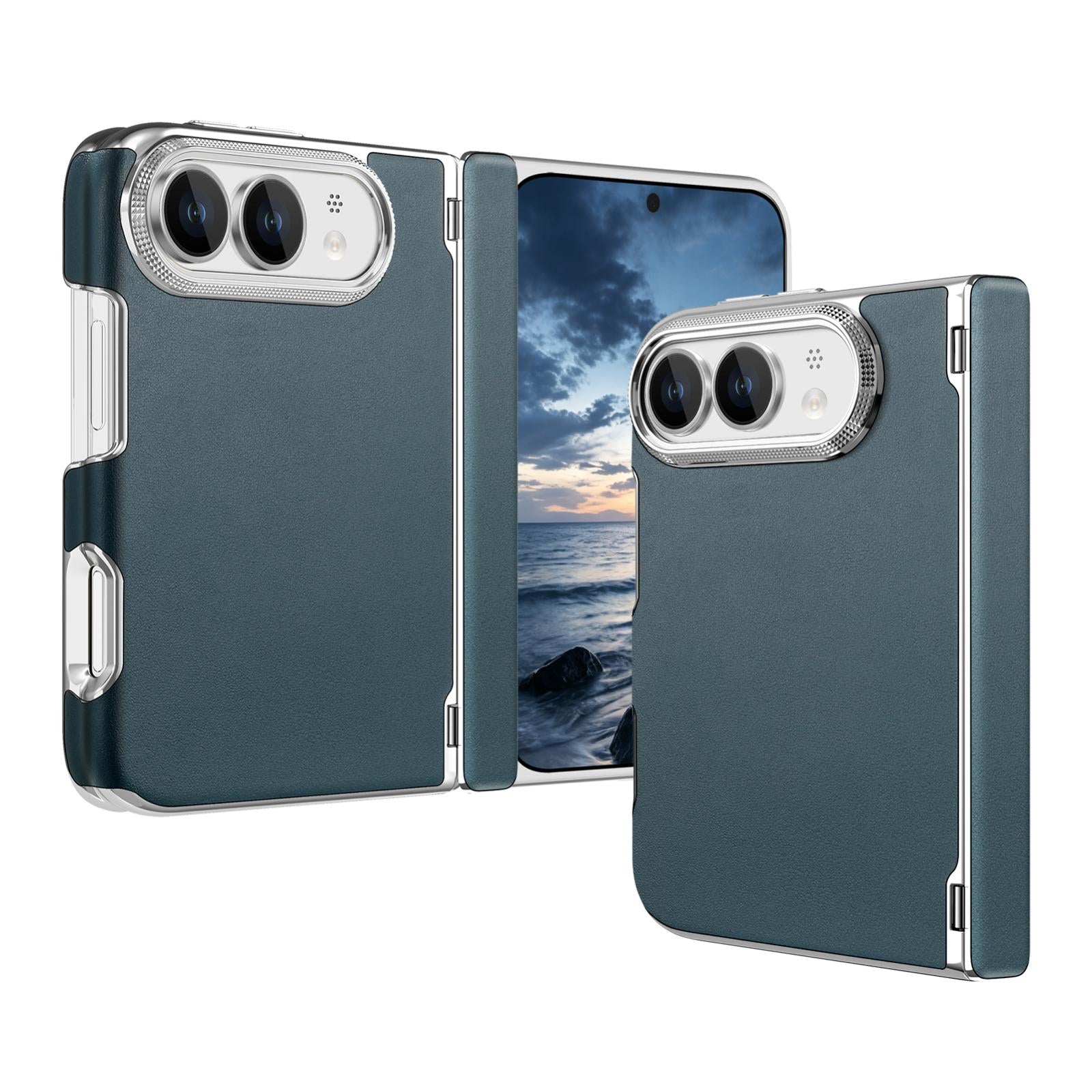 Compatible with iPhone Duo Retro Solid Color Leather-textured Dual-Hinge Magnetic Phone Case - Blue-Gray