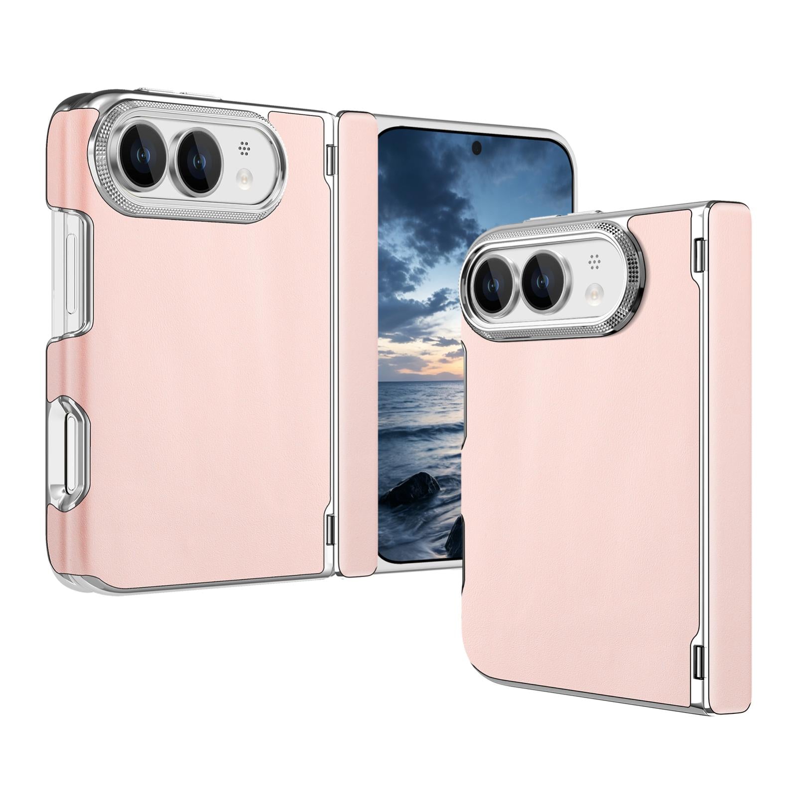 Compatible with iPhone Duo Retro Solid Color Leather-textured Dual-Hinge Magnetic Phone Case - Pink