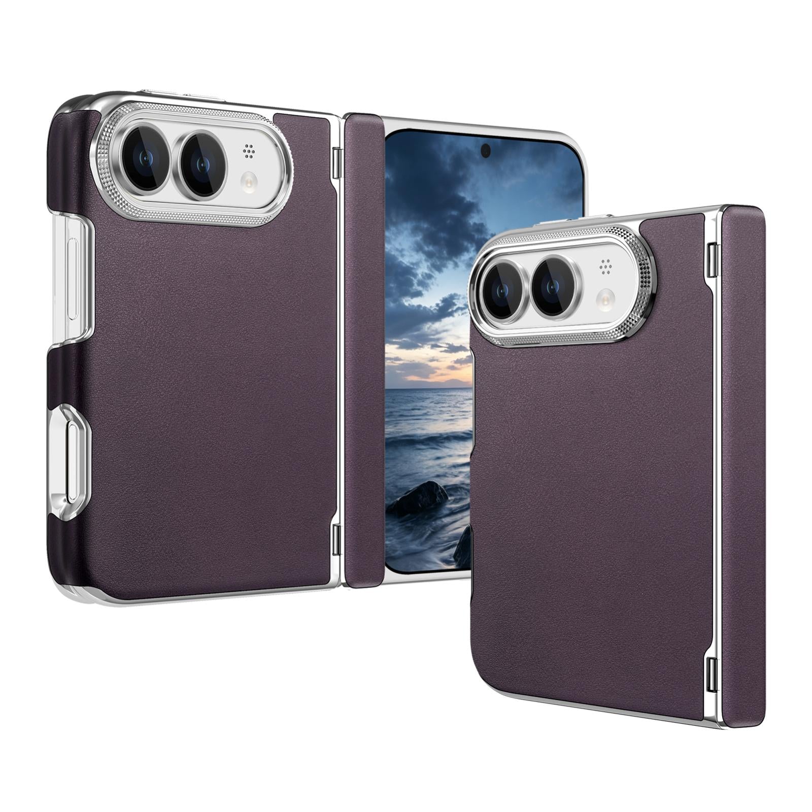 Compatible with iPhone Duo Retro Solid Color Leather-textured Dual-Hinge Magnetic Phone Case - Purple