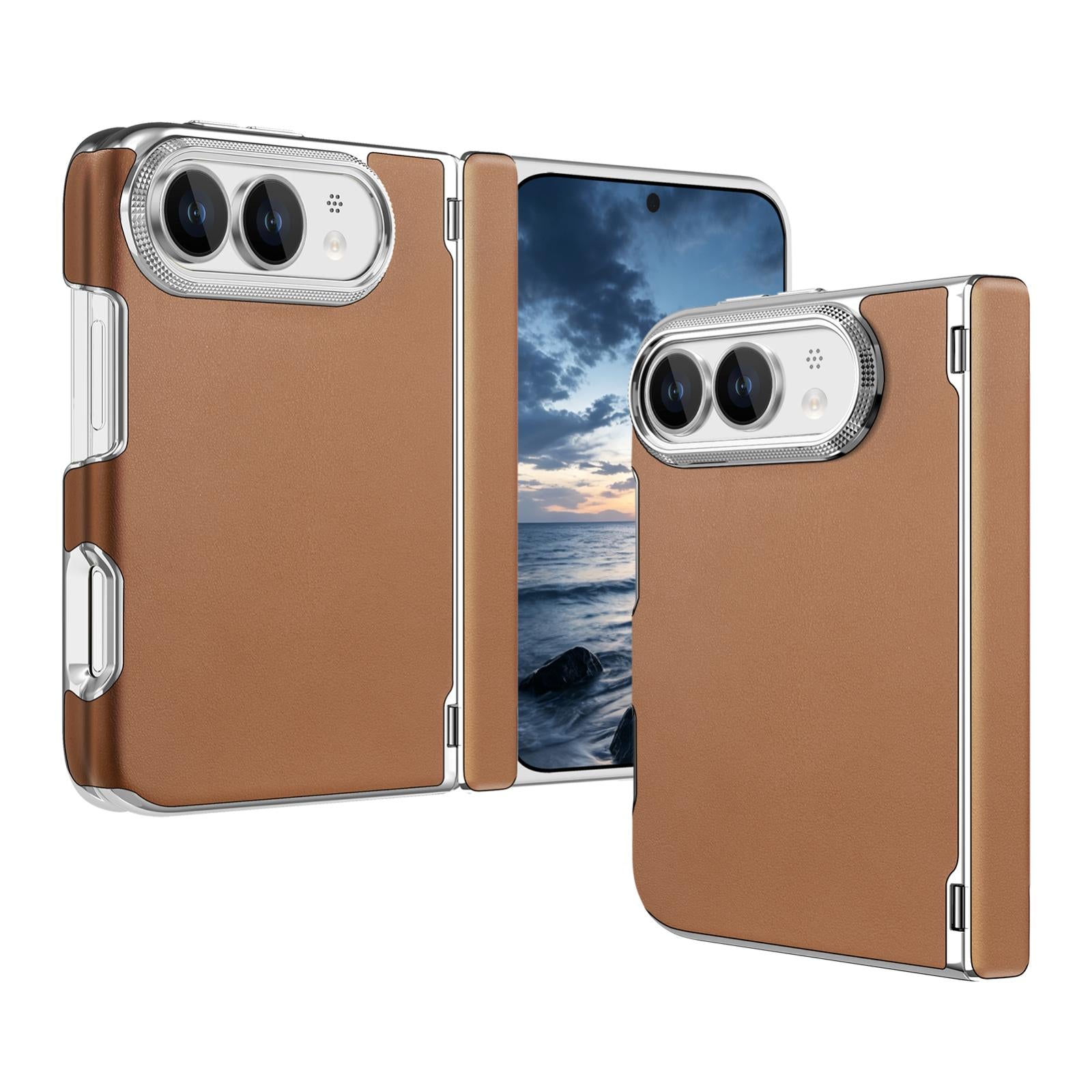 Compatible with iPhone Duo Retro Solid Color Leather-textured Dual-Hinge Magnetic Phone Case - Brown