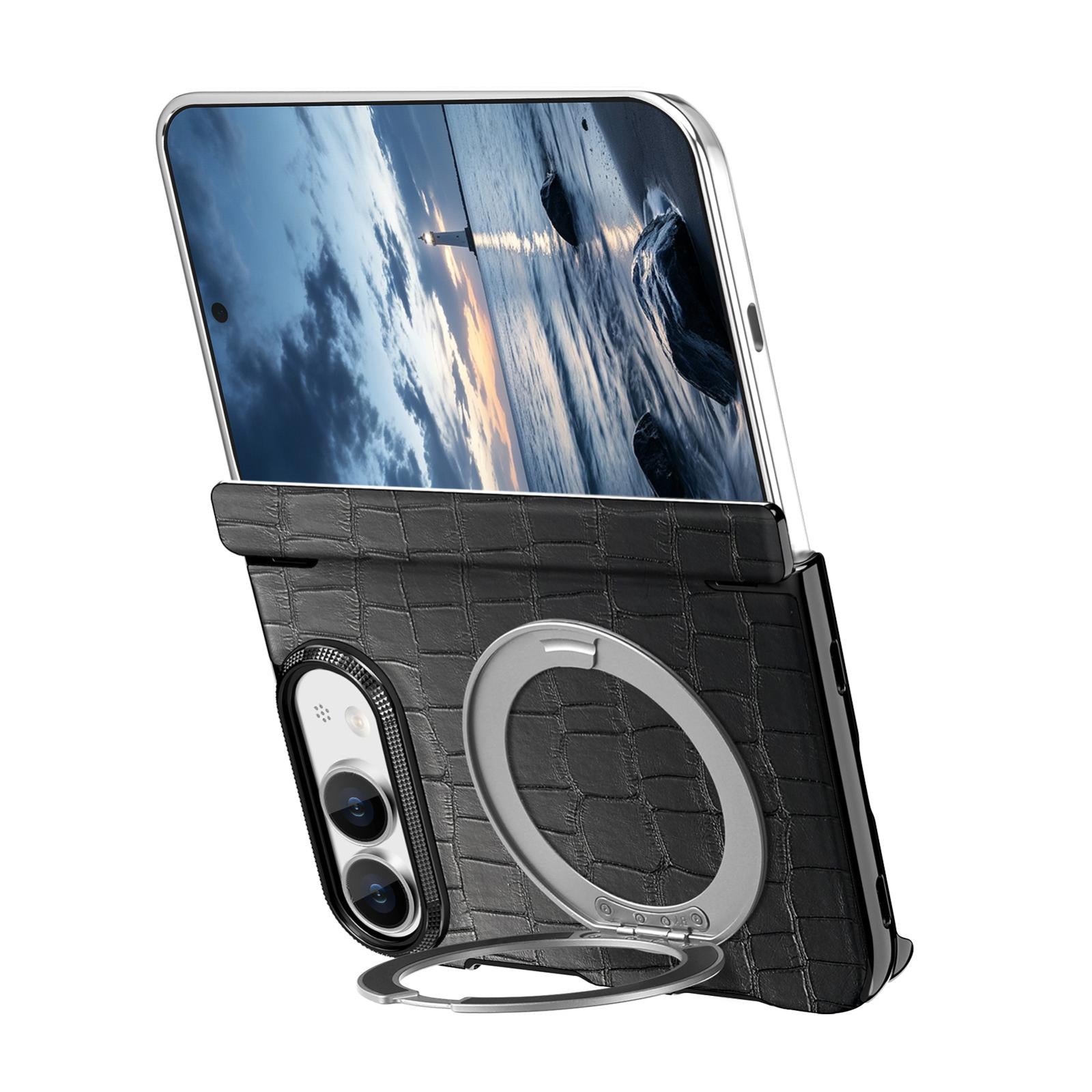 Compatible with iPhone Duo Retro Crocodile PU Dual-Hinge Magnetic Holder Phone Case - Black