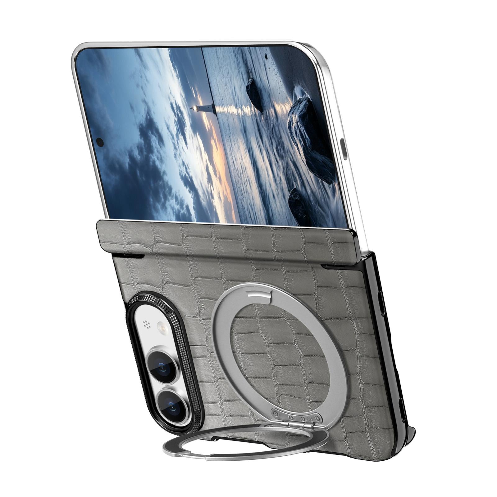 Compatible with iPhone Duo Retro Crocodile PU Dual-Hinge Magnetic Holder Phone Case - Gray