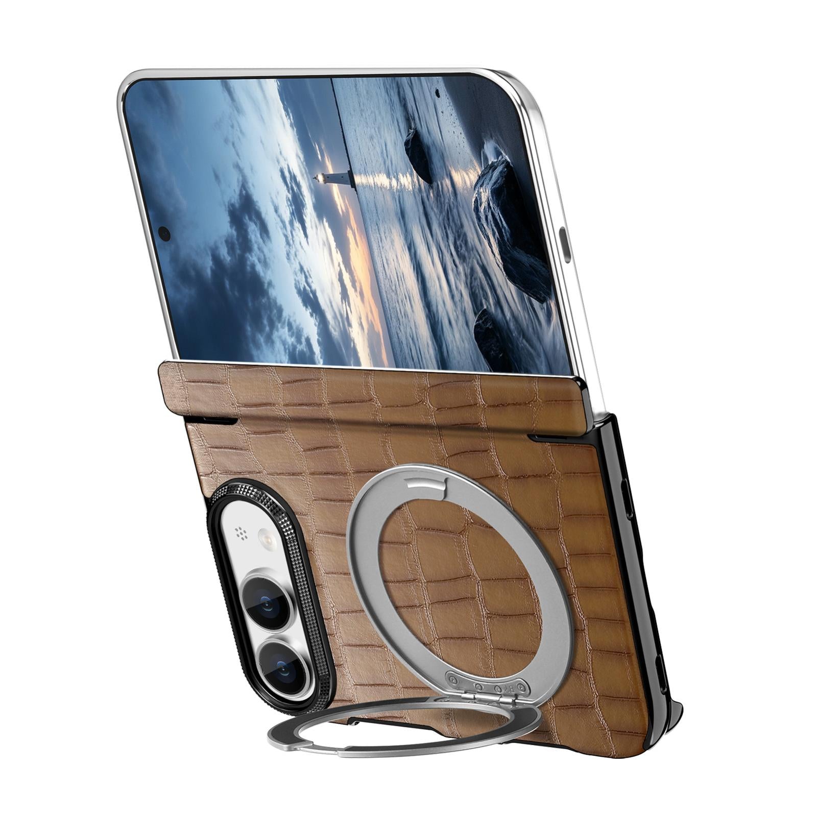 Compatible with iPhone Duo Retro Crocodile PU Dual-Hinge Magnetic Holder Phone Case - Brown