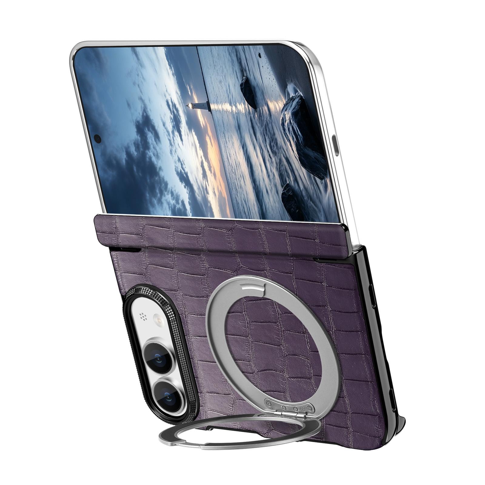 Compatible with iPhone Duo Retro Crocodile PU Dual-Hinge Magnetic Holder Phone Case - Purple