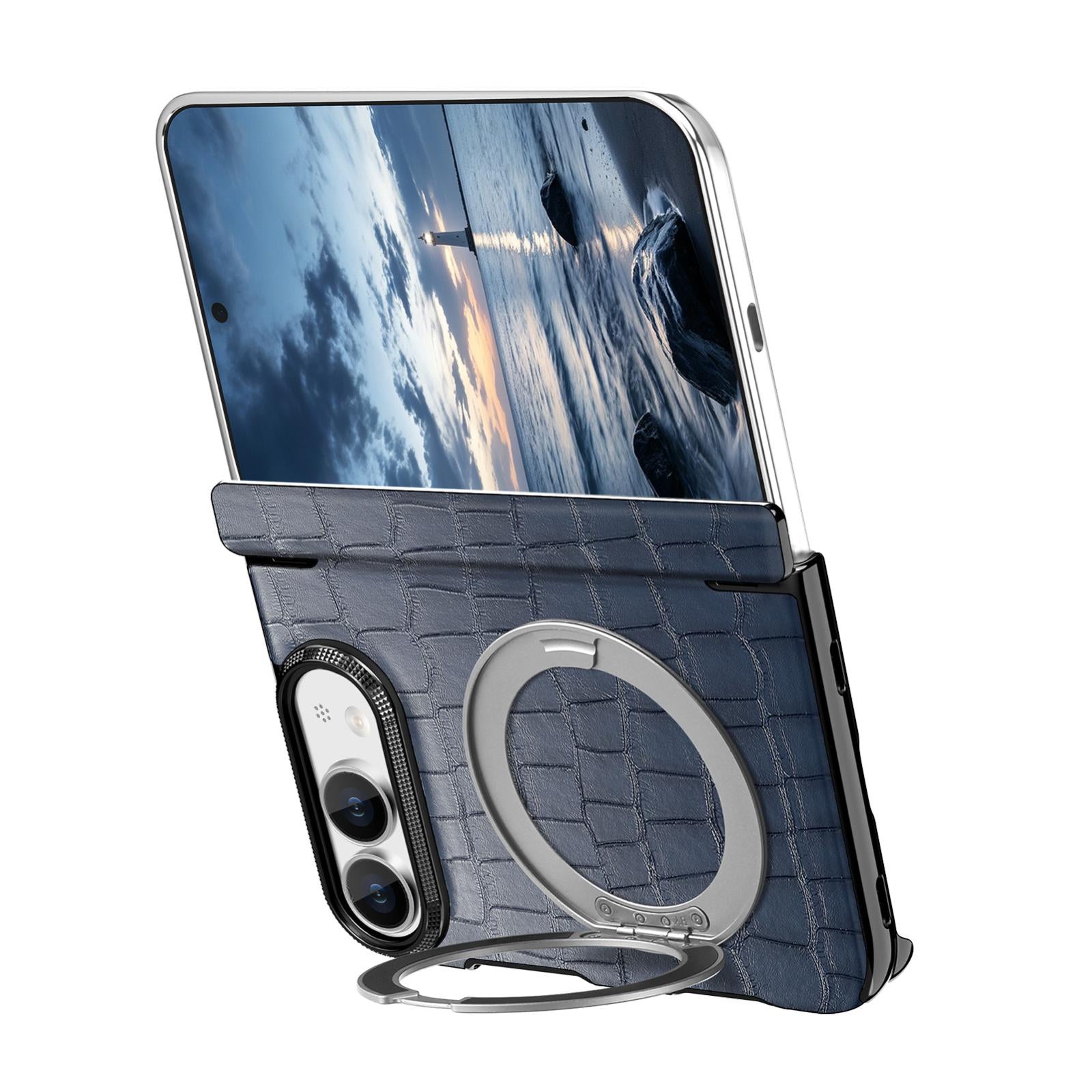 Compatible with iPhone Duo Retro Crocodile PU Dual-Hinge Magnetic Holder Phone Case - Blue