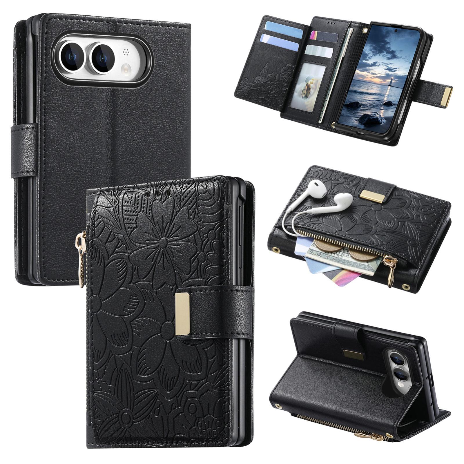 Compatible with  iPhone Duo Flowers Leaves Zipper Wallet Leather Phone Case with Strap - Black