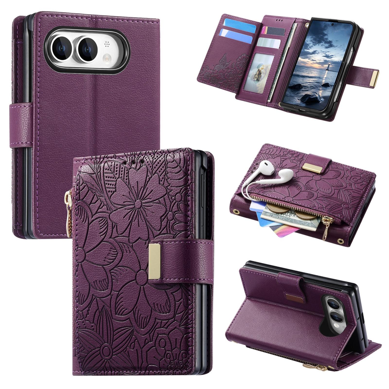 Compatible with  iPhone Duo Flowers Leaves Zipper Wallet Leather Phone Case with Strap - Purple