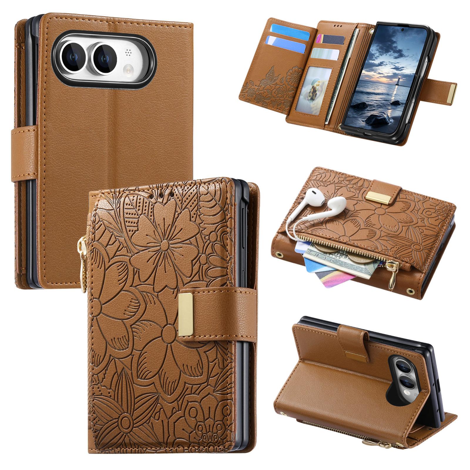 Compatible with  iPhone Duo Flowers Leaves Zipper Wallet Leather Phone Case with Strap - Brown