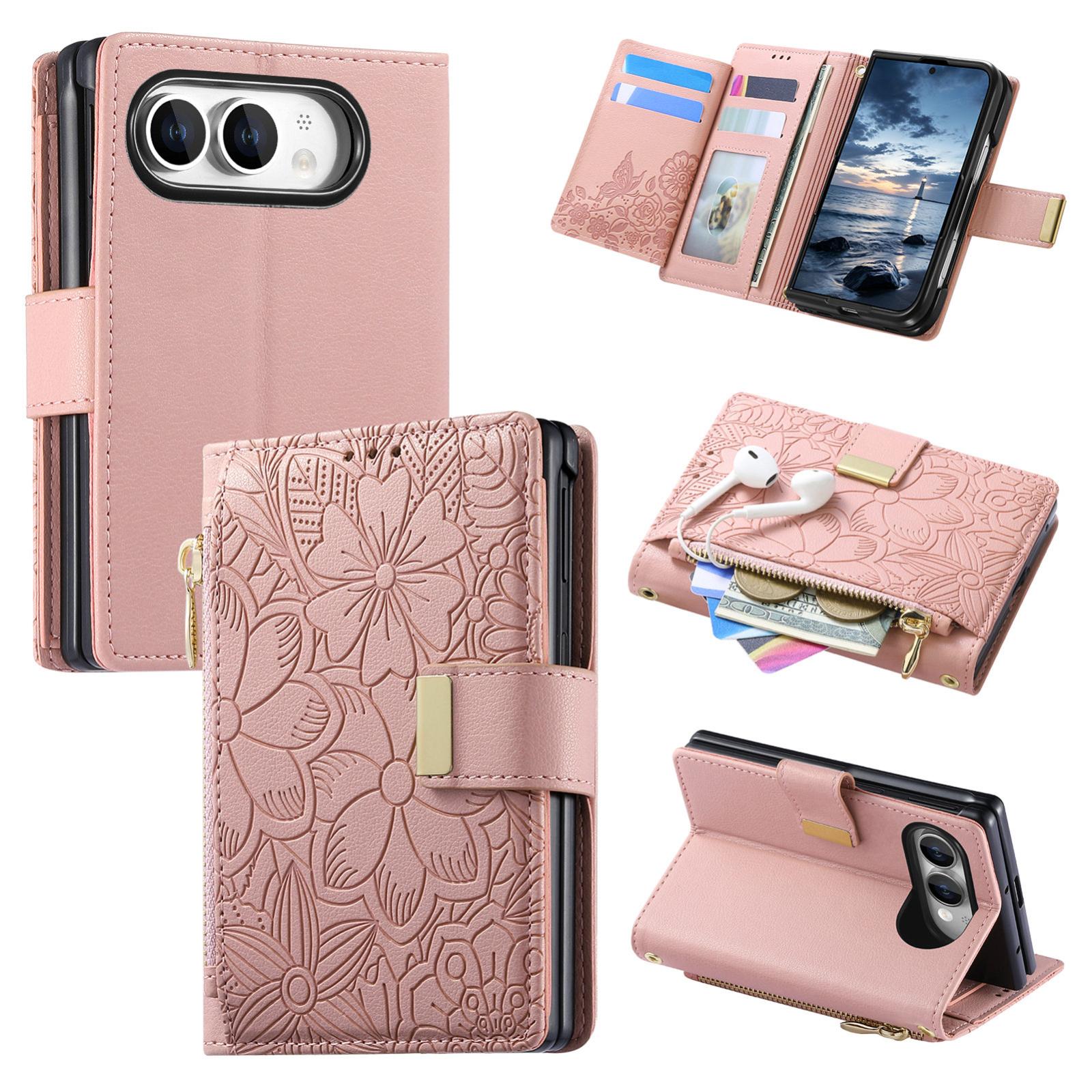 Compatible with  iPhone Duo Flowers Leaves Zipper Wallet Leather Phone Case with Strap - Pink
