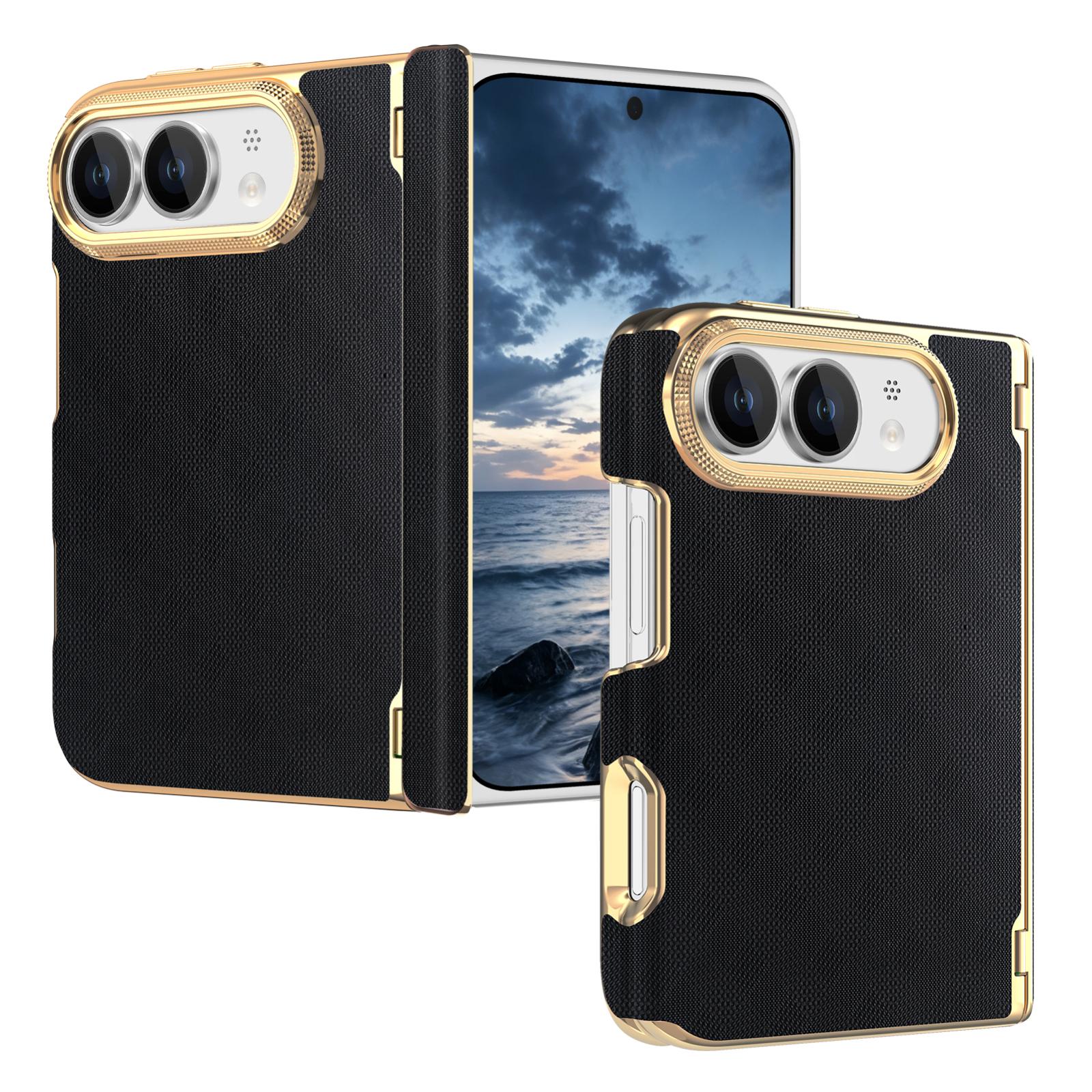 Compatible with  iPhone Duo Geometric Mesh Texture Vegan Leather Dual-Hinge Phone Case - black