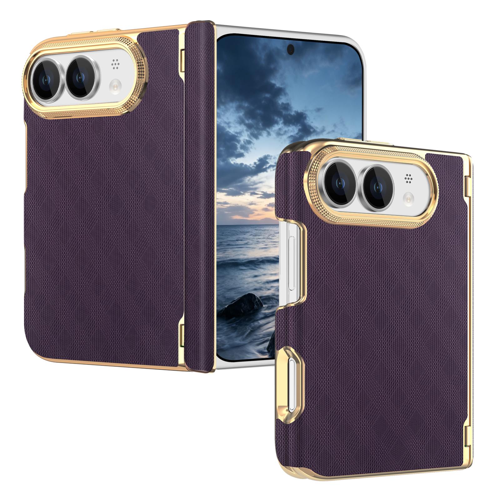 Compatible with  iPhone Duo Geometric Mesh Texture Vegan Leather Dual-Hinge Phone Case - Purple