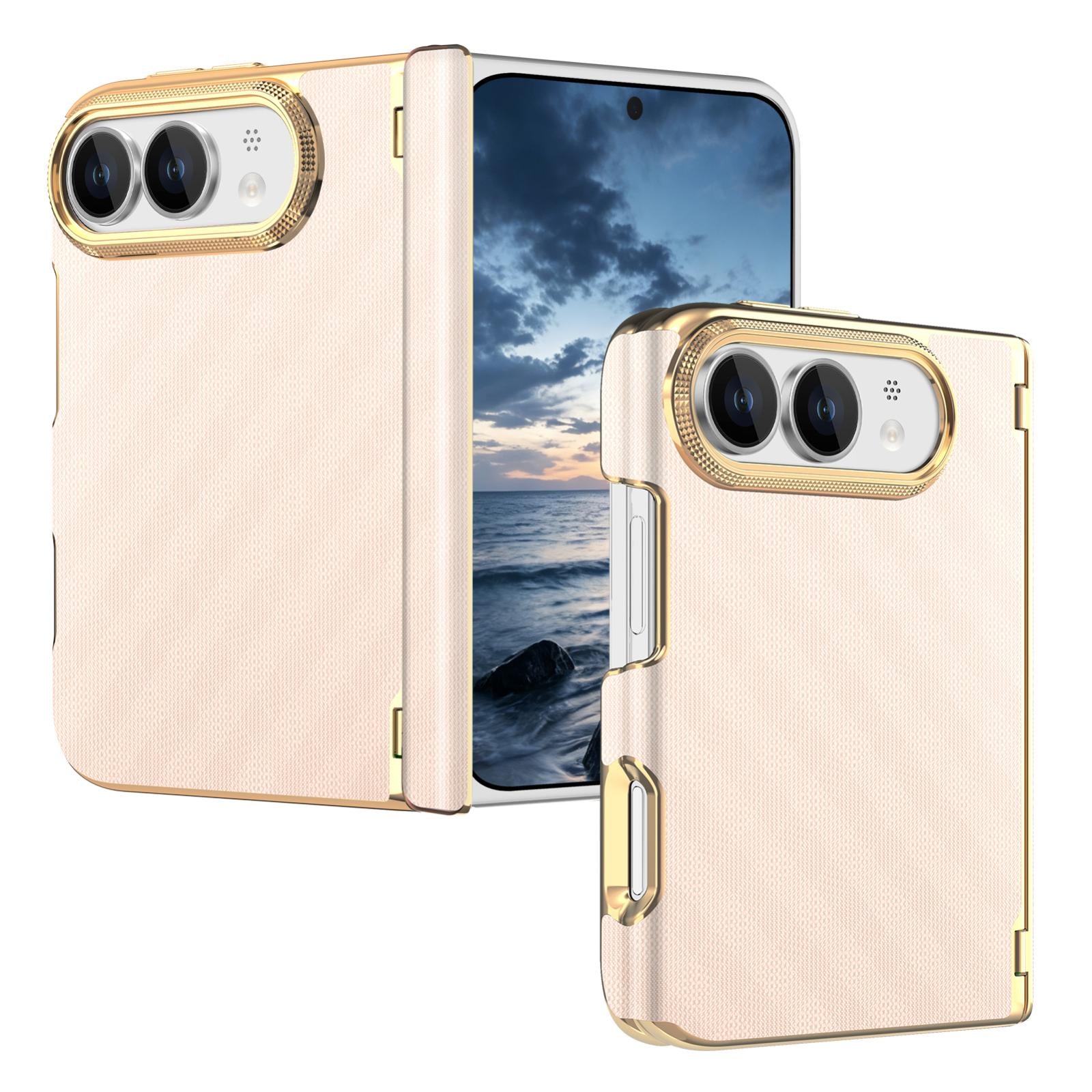 Compatible with  iPhone Duo Geometric Mesh Texture Vegan Leather Dual-Hinge Phone Case - Pink