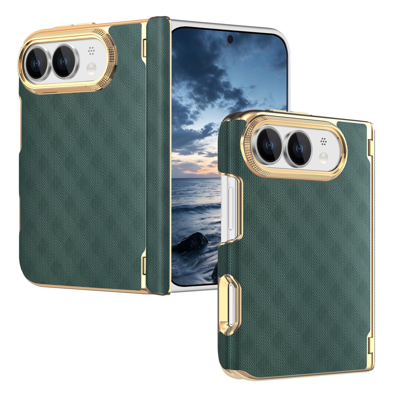 Compatible with  iPhone Duo Geometric Mesh Texture Vegan Leather Dual-Hinge Phone Case - Green