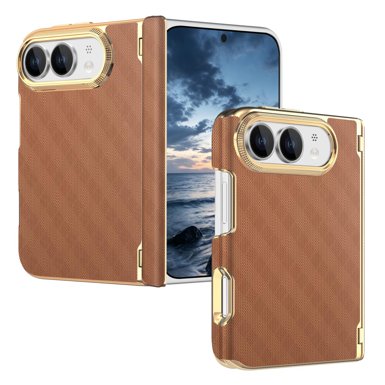 Compatible with  iPhone Duo Geometric Mesh Texture Vegan Leather Dual-Hinge Phone Case - Brow